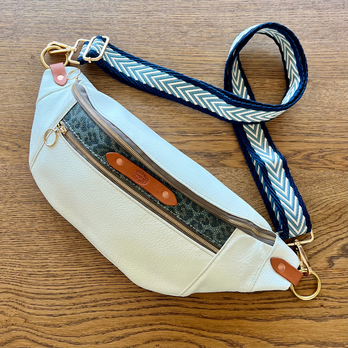 Webbing Shoulder Strap NEW Navy/Light Blue Herringbone /Gold Hardware