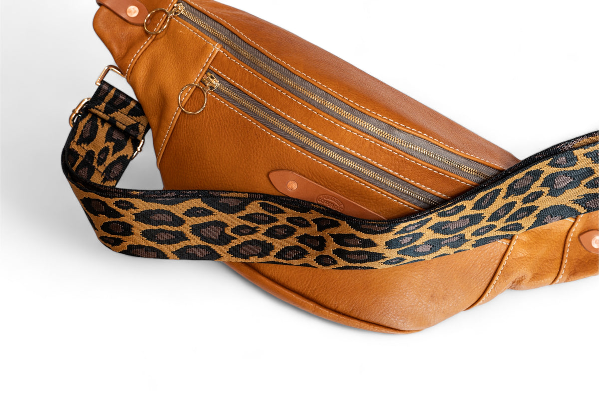 Webbing Shoulder Strap NEW Tan Leopard - Gold Hardware