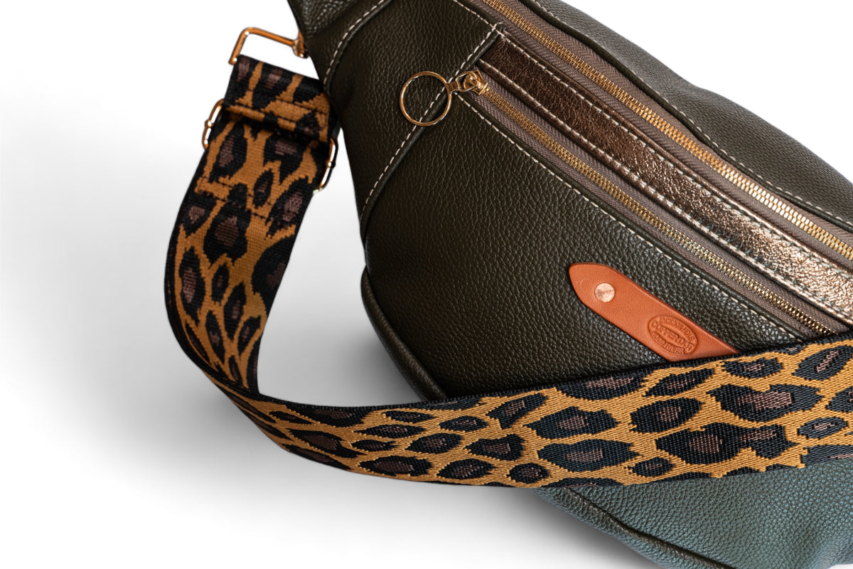 Webbing Shoulder Strap NEW Tan Leopard - Gold Hardware