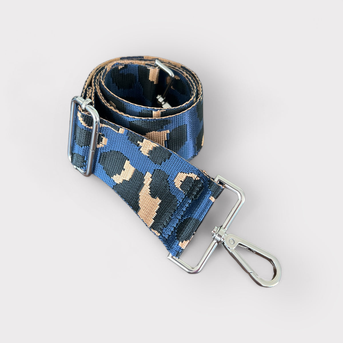 Webbing Shoulder Strap NEW Navy/Tan Leopard - Silver Hardware